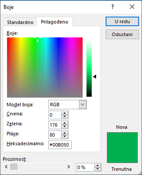 Alat za odabir boja u aplikacijama sustava Office. Ispod RGB polja nalazi se novo polje za unos vrijednosti hex boje.