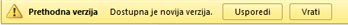 Žuti natpis na vrhu datoteke programa koji vam omogućuje usporedbu verzije s trenutnom verzijom ili vam omogućuje da je vratite da biste je pretvorili u trenutnu verziju