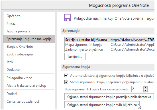 Screenshot of the OneNote Options dialog box in OneNote 2016.