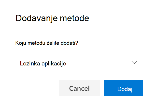 Okvir Dodaj metodu s odabranom lozinkom aplikacije