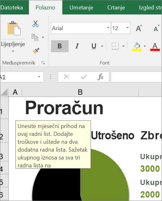 Zaslonski isječak korisničkog sučelja programa Excel s ugrađenim uputama