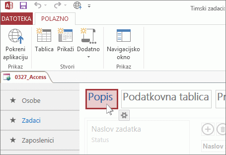 Odabir prikaza u programu Access.