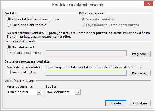 Kliknite Cirkularno pismo na kartici Polazno u mapi Kontakti da biste započeli cirkularno pismo