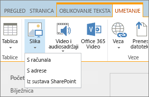 Snimka zaslona koja prikazuje vrpcu sustava SharePoint Online. Odaberite karticu Umetanje i zatim odaberite Slika da biste odabrali želite li prenijeti datoteku s računala, web-adrese ili mjesta sustava SharePoint.