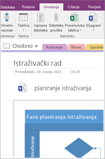 Snimka zaslona kako dodati postojeći dijagram programa Visio u programu OneNote 2016.