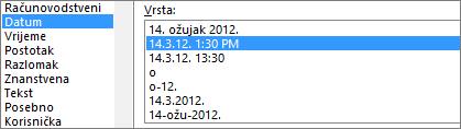 Dijaloški okvir Oblikovanje ćelija, naredba Datum, 14. 03. 2012. vrsta 13:30