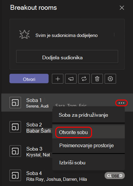 Slika pokazuje kako otvoriti jednu sobu za pojedinačne sastanke.