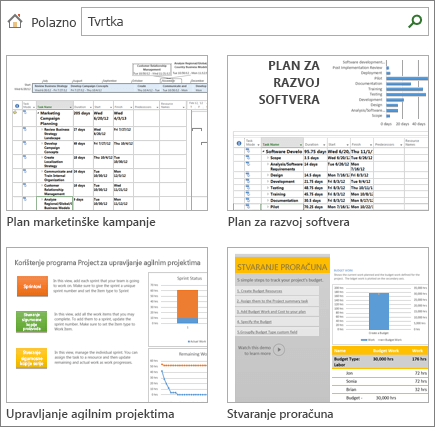 Snimka zaslona na kojoj se prikazuju predlošci planova projekata u kategoriji Posao.