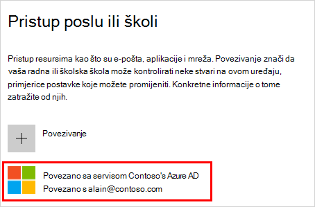 Snimka zaslona na koju se prikazuje prozor "Access work or school" (Pristup tvrtki ili ustanovi) s odabranim računom "Connected to (vaša tvrtka ili ustanova) Azure AD"