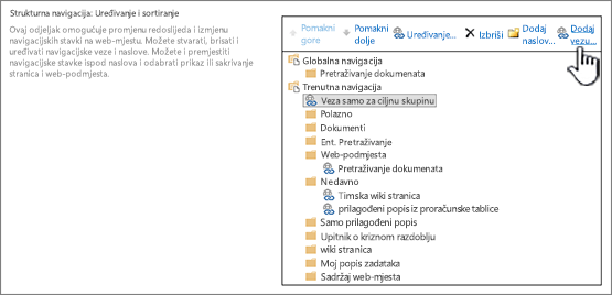 U odjeljku strukturna navigacija u postavkama navigacije, s visoko osvjetljenjem dodaj vezu