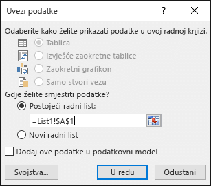 U dijaloškom okviru Uvoz podataka odaberite stavljanje podataka na postojeći radni list, što je zadana postavka, ili na novi radni list.