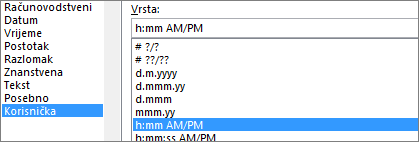 Dijaloški okvir Oblikovanje ćelija, naredba Prilagodi, vrsta h:mm AM/PM