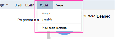 Snimka zaslona s gumbom Popisi