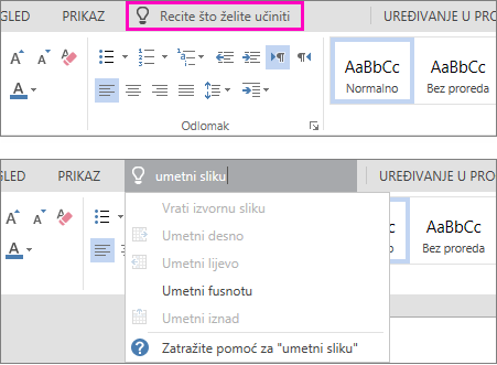 Prikazuje okvir za pretraživanje "Recite mi" na vrpci u web-aplikaciji Word Online.