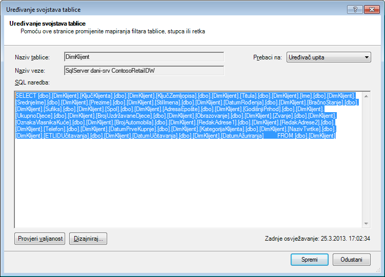 SQL upit korišten za dohvaćanje podataka