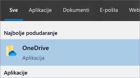 Snimka zaslona na kojoj je prikazano traženje aplikacije OneDrive za stolna računala u sustavu Windows 10