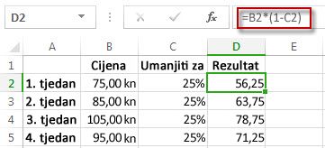 Rezultati postotaka u stupcu D