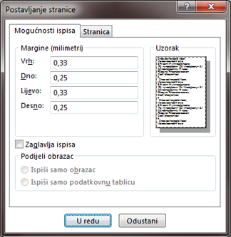 Dijaloški okvir Postavljanje stranice