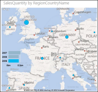 Karta Europe u programu Power View s mjehurićima koji prikazuju iznos prodaje