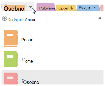 Prebacujte se između bilježnica pomoću izbornika na lijevoj strani.