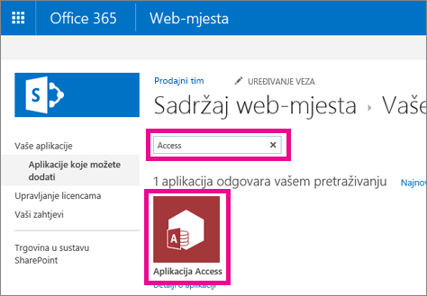 Searching for an Access app from the Add an app page in SharePoint