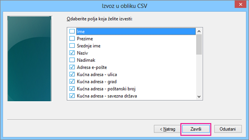 Odaberite polja koja želite izvesti u csv datoteku, a zatim odaberite Završi.