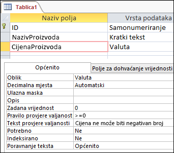 Pravilo provjere valjanosti polja prikazano u alatu za dizajniranje tablica programa Access