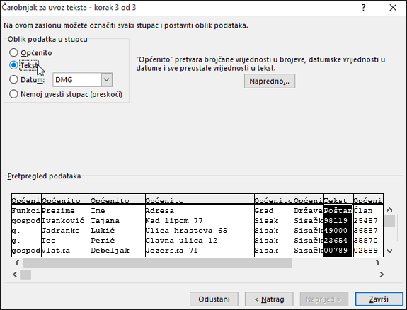 Mogućnost Tekst za oblikovanje podataka stupca istaknuta je u čarobnjaku za uvoz teksta.