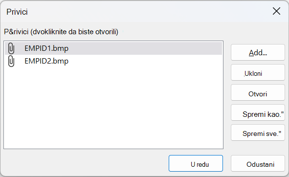 Dijaloški okvir Privici u programu Access koji prikazuje dvije BMP datoteke.