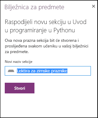 Primjer nove sekcije bilježnice za predmete