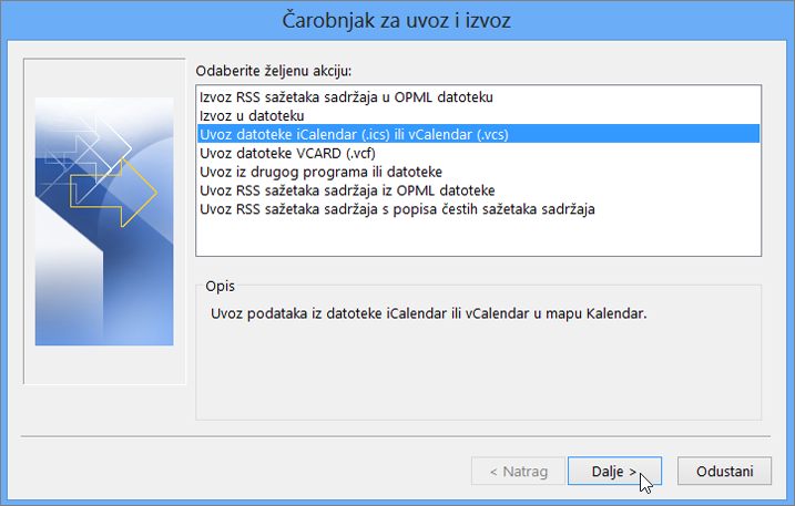 Odaberite Uvezi iCalendar ili datoteku vCalendar.