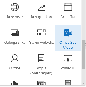 Snimka zaslona koja prikazuje gumb izbornika za Office 365 Video u sustavu SharePoint.