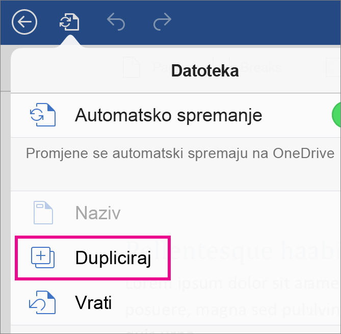 Dodirnite Datoteka, a zatim Dupliciraj da biste spremili dokument pod drugim nazivom