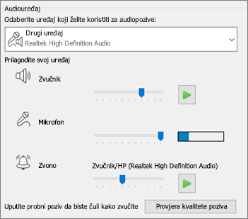 Prilagođene postavke (zvučnika, mikrofona, zvona) za audiouređaj