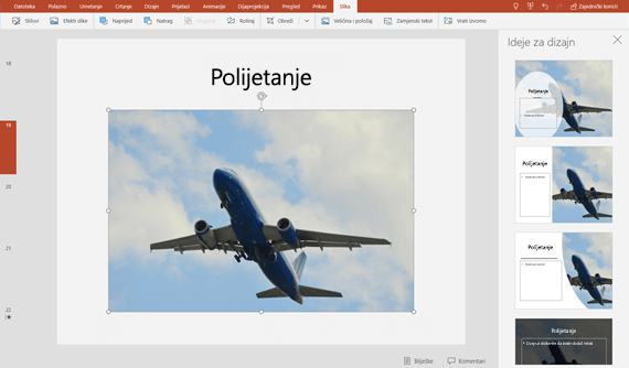 Ako odaberete ideju za dizajn, ona se odmah prikazuje u punoj veličini na slajdu.