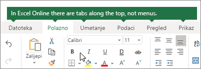Početna stranica, umetanje, podaci, prikaz kartica u programu Excel za web