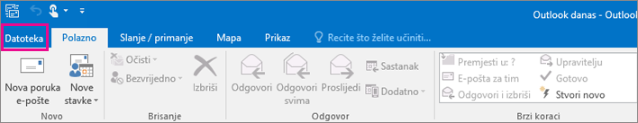 Ovako izgleda vrpca u programu Outlook 2016.