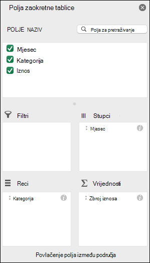 Primjer dijaloškog okvira s popisom Polja zaokretne tablice u programu Excel