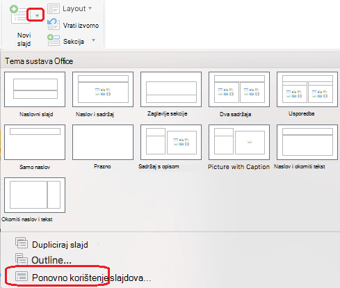 Izbornik Novi slajd sadrži naredbu Ponovna upotreba slajdova.