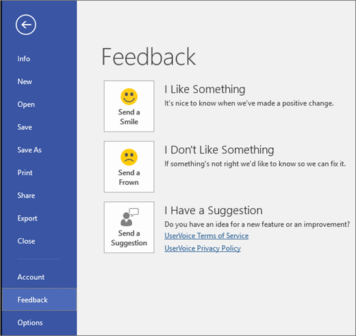 Kliknite Datoteka > Povratne informacije da biste poslali komentare ili prijedloge o programu Microsoft Visio