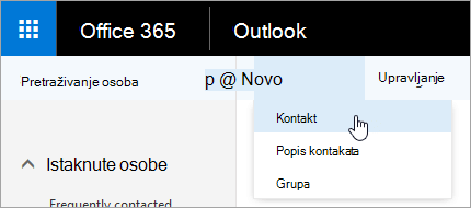 Snimka zaslona kontekstnog izbornika za gumb "Novo" s odabranom mogućnosti "Kontakt".