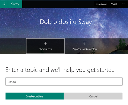 Kombinirana snimka na kojoj se prikazuju zaslon Dobro došli u Sway i okno za unos teme.