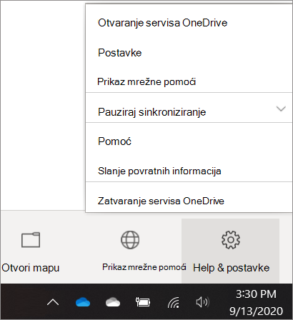 Snimka zaslona otvaranja postavki servisa OneDrive