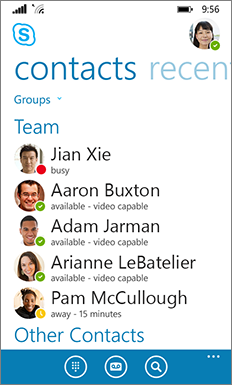 Novi izgled i dojam servisa Skype za tvrtke za Windows Phone – glavni prozor