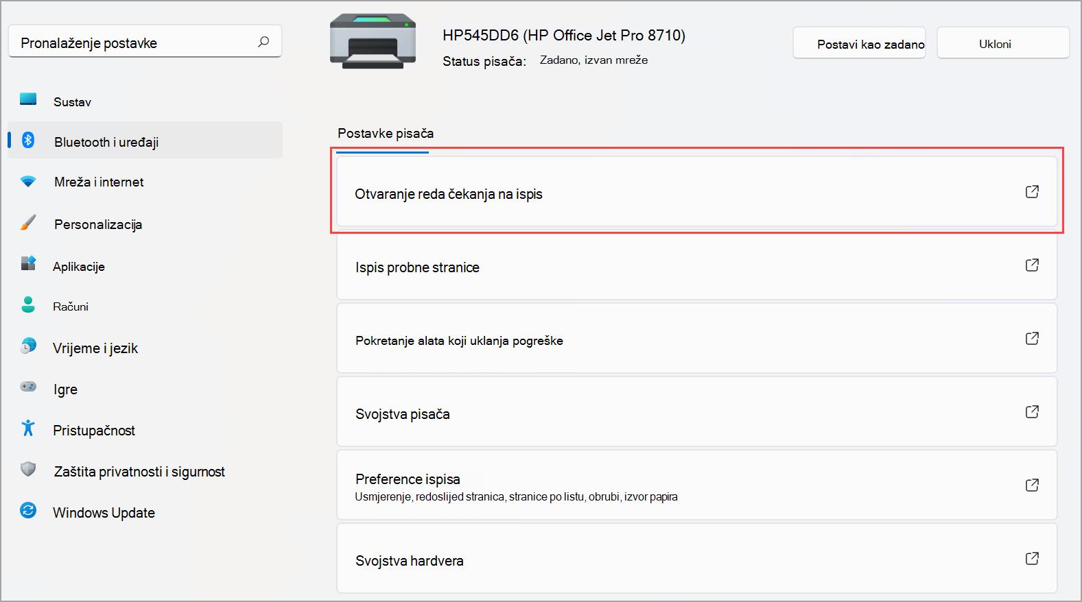 Gdje pronaći stavku Otvori red čekanja na ispis pisača u Windows 11 Postavke. 