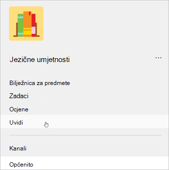 Snimka zaslona lijeve navigacije u aplikaciji Microsoft Teams, popis A prikazuje bilježnicu za predmete, zadatke, ocjene, a zatim uvide.