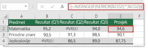 Funkcija polja u funkciji AVERAGE za razrješavanje #VALUE! pogreška