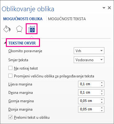 Mogućnosti tekstnog okvira u oknu Oblikovanje oblika