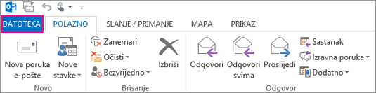 Ovako izgleda vrpca programa Outlook za stolna računala.