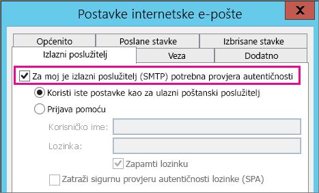 Odaberite moj izlazni poslužitelj zahtijeva provjeru autentičnosti.